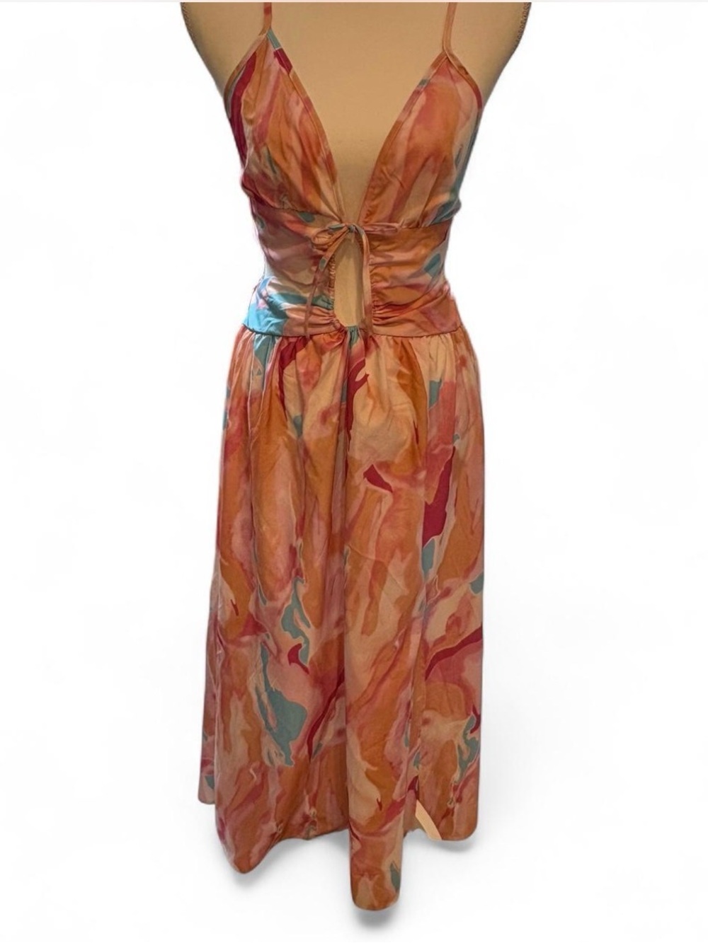 SHEIN Pink Multicolor Tie-Front Maxi Dress